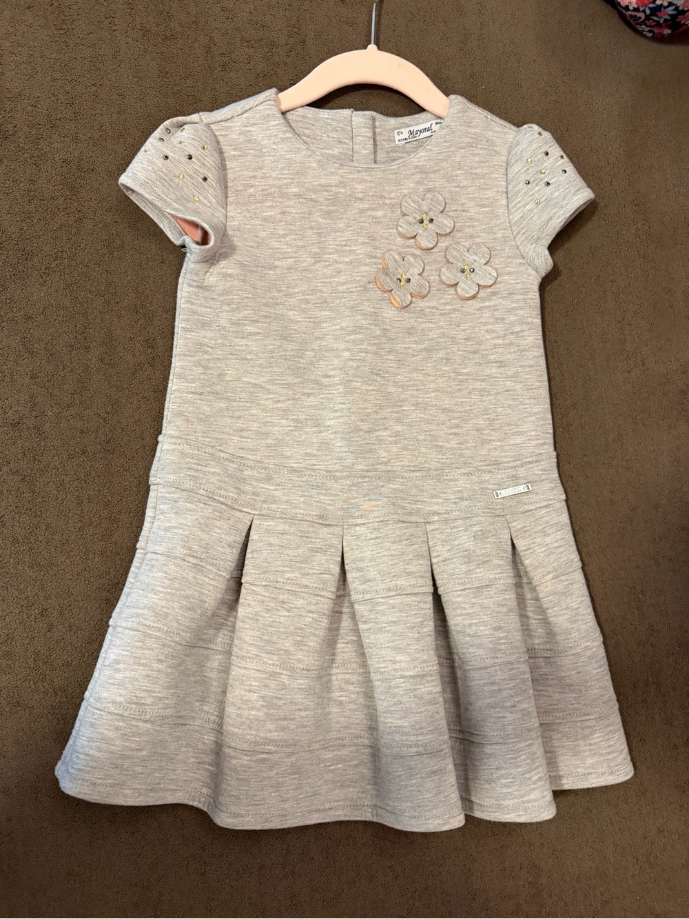Mayoral Cream Knit Pleated Dress with Floral Appliqués
